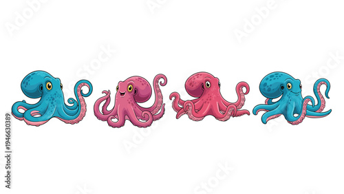 Cute cartoon blue and pink octopuses set. Friendly marine animals illustration isolated on white background.