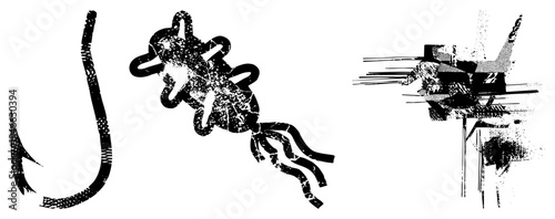 Vector of fishing gear with distressed textures, including hook, bait lure, and airplane, rendered in black and white with halftone and scratch effects.