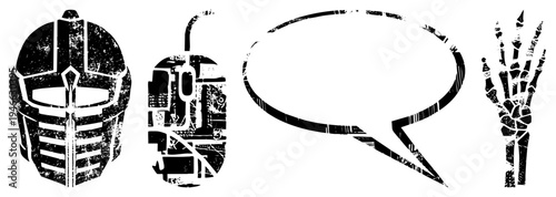 Vector with distressed texture armored helmet, computer mouse, speech bubble, and hand bones. Retro digital symbols, graphic design elements,, isolated symbols.