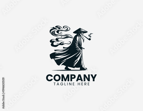 The vintage oriental old man illustration shows a traditional smoking pipe style artistic