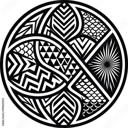 Maori inspired circular pattern with geometric and organic shapes, traditional tribal art motif, artistic tribal tattoo design concept, unique cultural symbol.