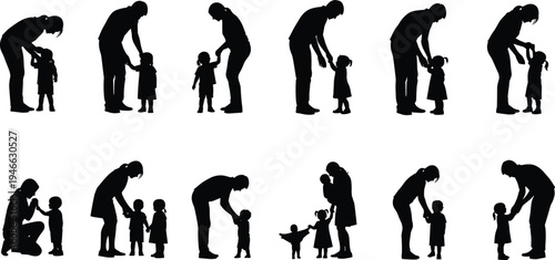 Set of silhouettes showing mother, father, and adult mentors holding hands with young children, supporting early steps and family bonding moments.