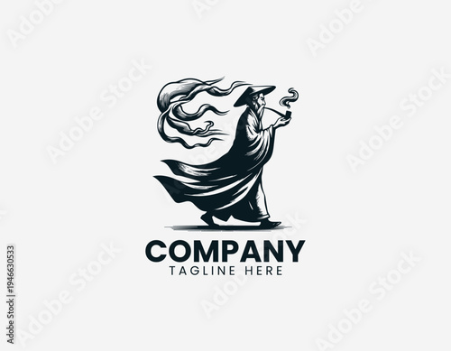 The vintage oriental old man illustration shows a traditional smoking pipe style artistic