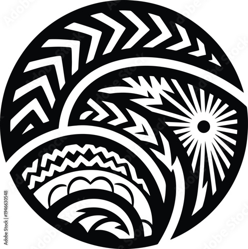 Balanced tribal composition featuring sun rays and organic curved shapes filled with intricate ethnic patterns and line textures.