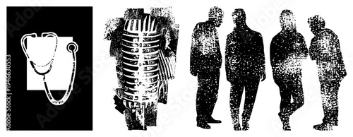 Medical stethoscope over white square, X ray ribcage anatomy, human silhouette group, healthcare diagnostic tools, medical illustration, clinical examination, anatomical study.