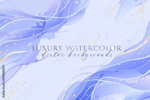 Abstract watercolor waves in shades of blue and gold shimmer