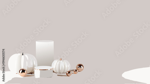 Minimalist autumn still life featuring white pumpkins and golden accents