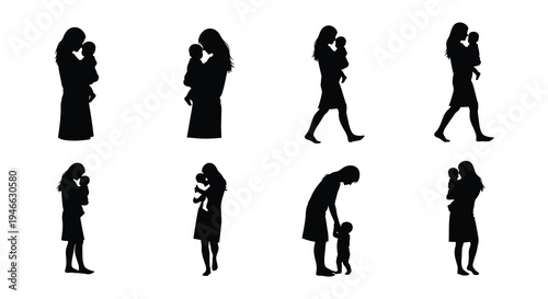 Silhouettes of mothers lovingly holding their babies in various poses