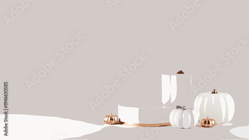 Minimalist autumn still life featuring white pumpkins and candles