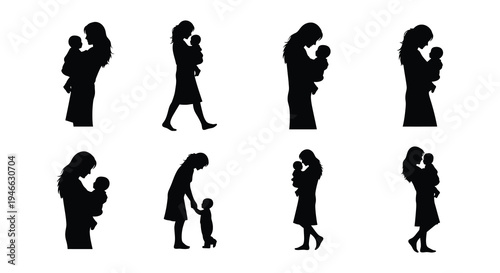 Silhouettes of mothers lovingly holding their babies in various poses