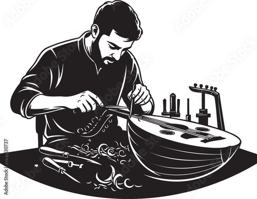 Skilled artisan meticulously crafting a beautiful stringed musical instrument with traditional tools and expertise, creating a work of art