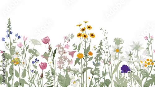 A delicate watercolor illustration of various wildflowers and foliage