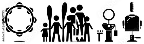 Set of minimalist black tambourine, family holding skis, hair salon station, barber chair with comb flat design, vector, isolated elements.