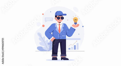 A person in a suit and cap holds up a glowing lightbulb, symbolizing an idea