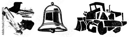 Vector illustrations of airplane, bell, and tractor rendered in halftone,, graphic design elements, isolated symbols, glyph style.