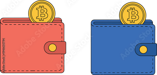 Bitcoin cryptocurrency gold coin in red and blue leather wallets for digital finance and virtual money savings concept flat vector