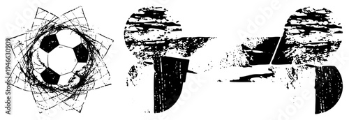 Black and white vector illustration of a soccer ball with radiating fractured, sport graphic, athletic design, stylized ball, motion art, vector art.