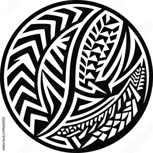 Intricate Maori inspired circular artwork featuring stylized leaves and geometric patterns, traditional tribal art, Polynesian cultural motif, artistic tattoo.