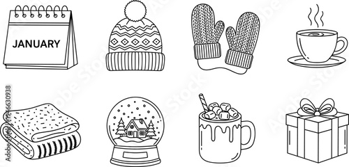 This cozy collection of line art icons features seasonal favorites like mittens, hot cocoa, and a January calendar. It's perfect for winter lifestyle blogs, seasonal greeting cards, and planners.