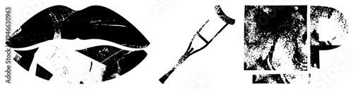 Bold black stencil lips, weathered crutch, fragmented letter P, halftone grit texture, isolated vector cutout, gritty typography, graphic design elements.