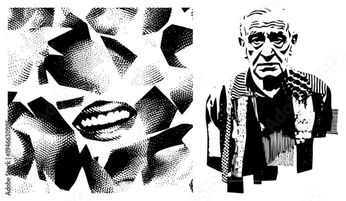 Fragmented halftone lips art, stylized elderly man portrait, vector illustration, graphic design, black and white, pop art, stencil effect.