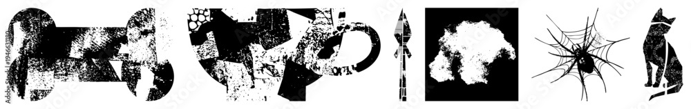 Obraz premium Graphic composition of fragmented animal and object silhouettes, distressed textures, design, isolated elements, artistic collage, vector art, stylized forms.