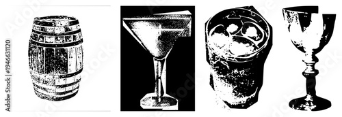 Classic barrel, martini glass, rocks glass with ice, goblet halftone vector art, barware, beverage containers, graphic design.