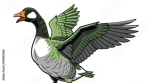 Cartoon Green Goose with Spread Wings Illustration. Waterfowl Ready for Flight, Isolated on White Background Vector Art.