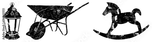 Stylized black silhouettes of a decorative lantern, garden wheelbarrow, and wooden rocking horse, rendered with gritty texture, ideal for rustic or vintage design projects.
