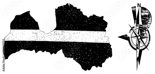 Black and white vector map of Latvia with flag stripes, distressed texture, compass rose indicating north, travel or navigation theme.