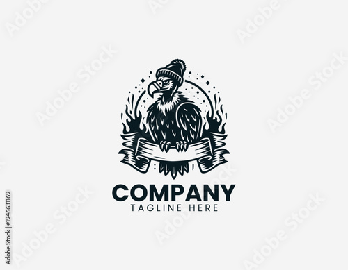 The urban vulture wearing a beanie sits on a burning banner for gritty streetwear branding