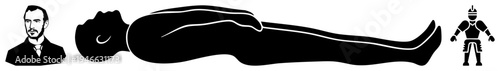 Black vector silhouette of a person resting, flanked by a bearded gentleman and armored knight, minimalist style, isolated foreground elements.