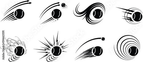 Collection of tennis ball icons with dynamic motion speed lines and fast movement effects for sports competition and active lifestyle concept flat vector