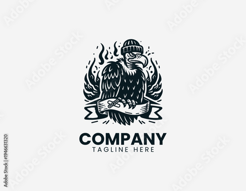 The urban vulture wearing a beanie sits on a burning banner for gritty streetwear branding