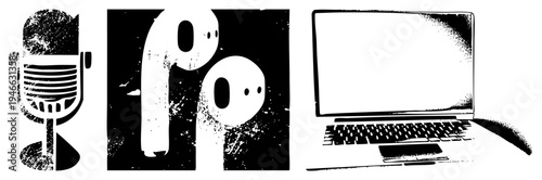 Retro mic, wireless earbuds, open laptop tech with gritty texture, minimalist design, digital tools, creative studio gear, vector art.
