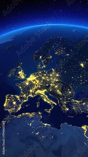 Nighttime view of Europe highlighting city lights with space backdrop