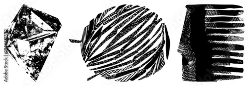 Abstract vector featuring facets, feathered spherical texture, and stylized monument silhouette, rendered in halftone and glyph style with high contrast black and white.