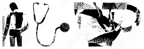 Graphic representing healthcare physician figure, stethoscope, patient consultation, halftone textures, medical illustration.