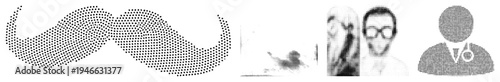 Vector halftone art featuring a mustache, blurred face, bespectacled man, and user avatar, all rendered in dot matrix style. Abstract graphic design with isolated elements.