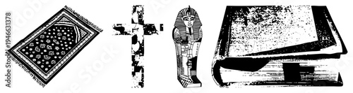 Religious set including Islamic prayer rug,, Egyptian sarcophagus, and open holy book, rendered in stark vector art.