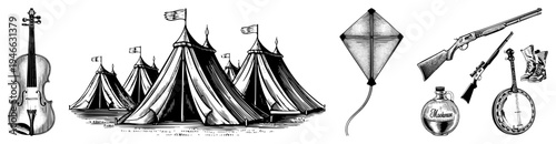 Classic Americana collection featuring banjo, rifle, boots, whiskey jug, tents, and kite rustic outdoor and musical heritage.