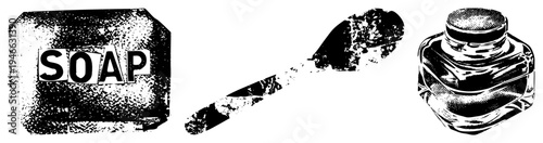 Classic bar soap with lettering, ink bottle with stopper, brush with ink residue, halftone style, retro graphic design elements.