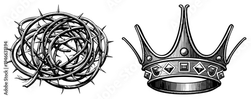 crown symbolizing suffering, crown with jewels representing monarchy, black and white art, religious and regal.