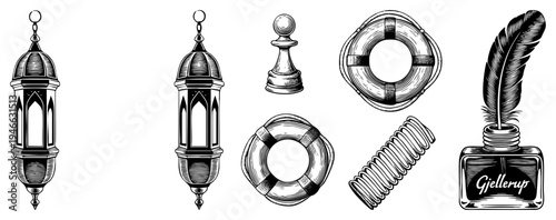 Classic engraved illustrations ornate lanterns, chess pawn, lifebuoy, coiled spring, quill ink bottle, all in art with. Retro vector symbols for design or branding.