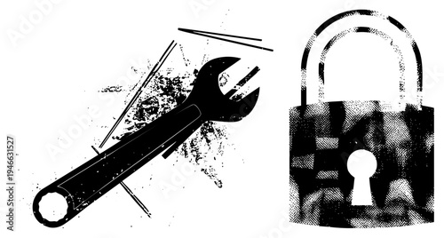 Tool breaking lock, security breach graphic, hacking symbol, digital intrusion, cyberattack visual, black and white vector, halftone texture.