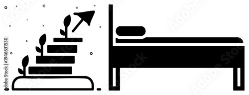 Modern bedroom setup featuring bed and bookshelf with plants, minimalist decor, flat design, interior, room layout, sleeping space, reading.