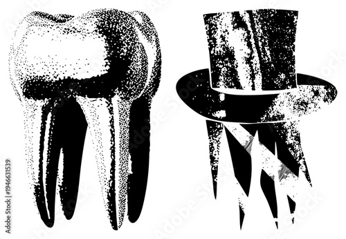 Graphic design of a tooth and top hat with jagged claws, halftone texture, eerie horror style, dental, villainous motif.