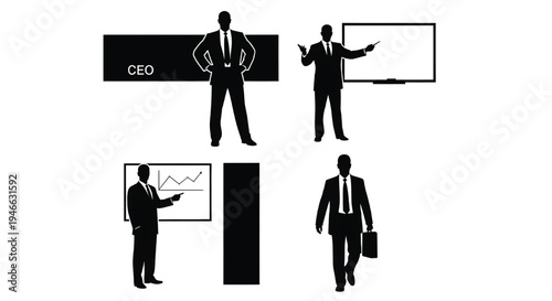 A CEO presents in a modern business setting with various poses