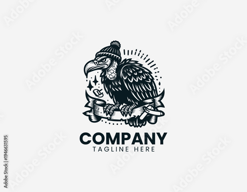 The urban vulture wearing a beanie sits on a burning banner for gritty streetwear branding