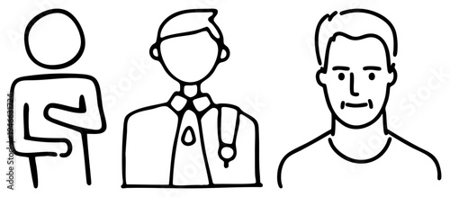 Minimalist art showing human abstraction, from stick figure to detailed face, vector illustration, style, character design, user avatar, persona representation.